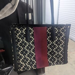 Kate Spade Black and Cream Floral Tote with Red Stripe